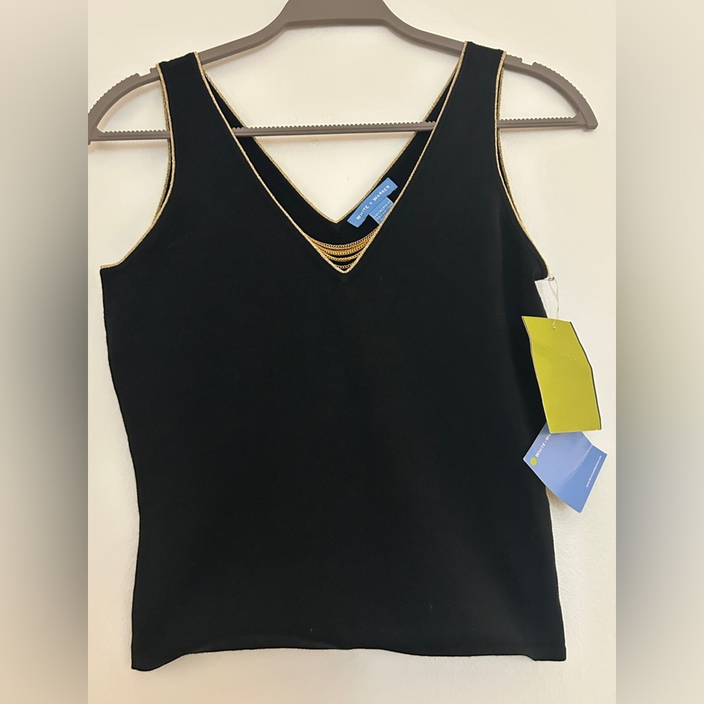 NWT White & Warren Black Sleeveless Top with Gold Trim